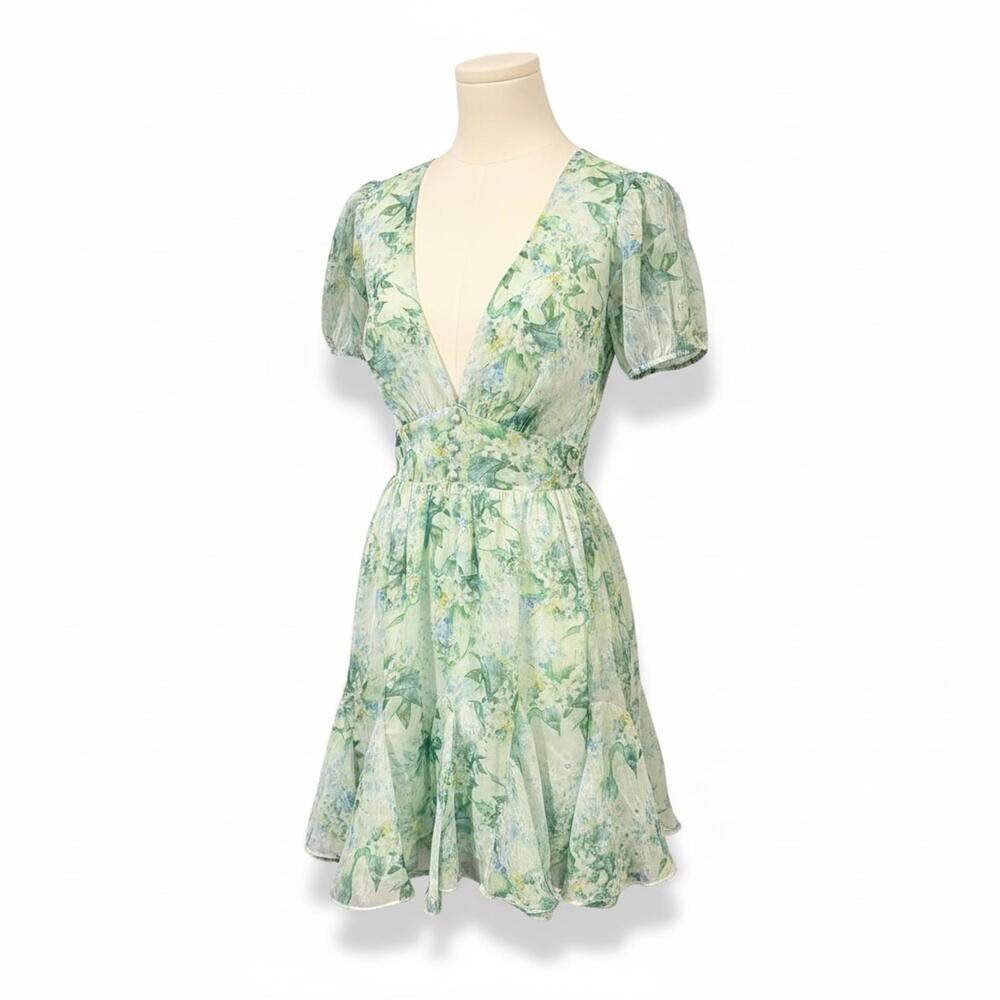 NWT Lulus Grateful Feelings Sage Green Floral Puff Sleeve Dress Small Spring - Picture 3 of 16